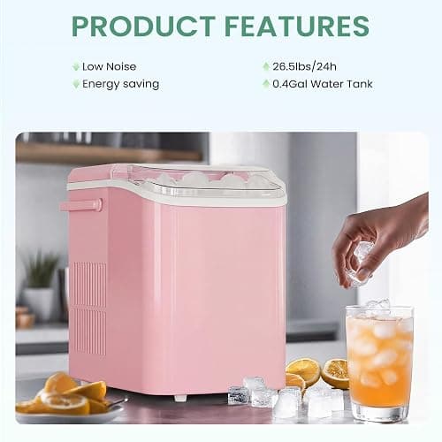 NEWBULIG Ice Makers Countertop with Handle, Portable Ice Machine, 9 Bullet Ice Cubes in 6 Mins, 26lbs in 24Hrs, Auto-Cleaning, with Basket and Scoop, for Home, Kitchen, RV, Camping,Light Pink thumbnail 9