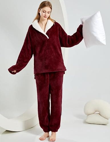 Fenclushy Women's Fluffy Loungewear Sleepwear Lounge Casual Pajamas Sets Loose Long Sleeve Fleece Pullover and Pants Set - Image 1