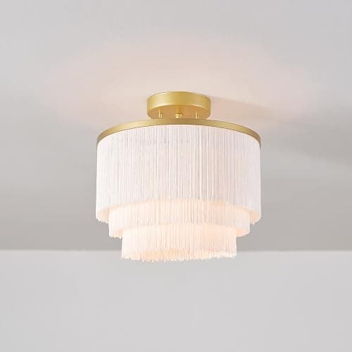 Globe Electric 65892 1-Light Flush Mount Ceiling Light, Matte Gold, White Fabric Fringe Shade, Bulb Not Included thumbnail 6