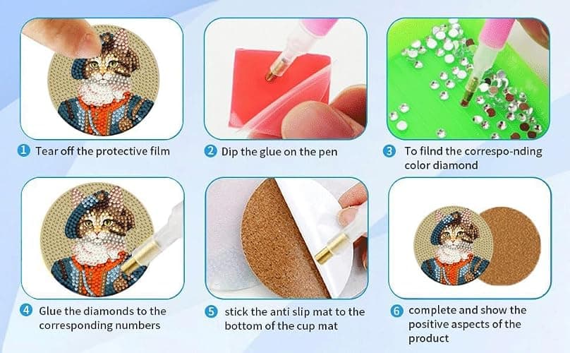 Puraikcmi 8PCs Diamond Paintings Coasters Kits Set, Funny Cat Diamond Art Coasters with Holder, DIY Crafts Diamond Art Kits Adult Craft Diamond Dots Gift thumbnail 7