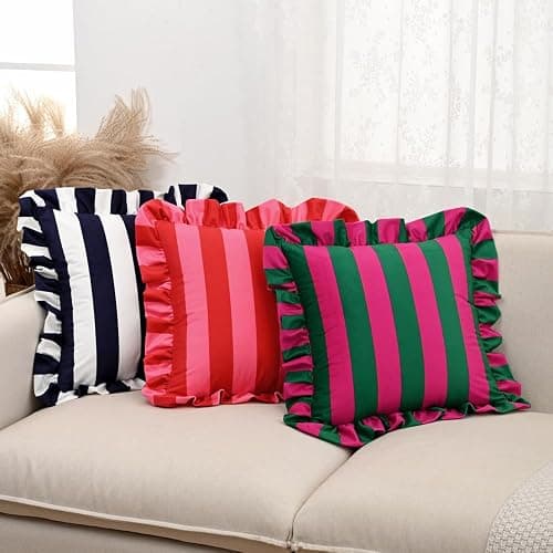 vctops Ruffle Square Throw Pillow Covers Boho Pink and Red Striped Decorative Pillowcases Set of 2, Soft Velvet Accent Cushion Cover Cases for Sofa Bed Living Room Decor (Pink,18"x18") thumbnail 6