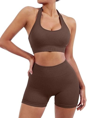 SUUKSESS Women Seamless Ribbed Workout Set Backless Sports Bra Booty Biker Short thumbnail 5