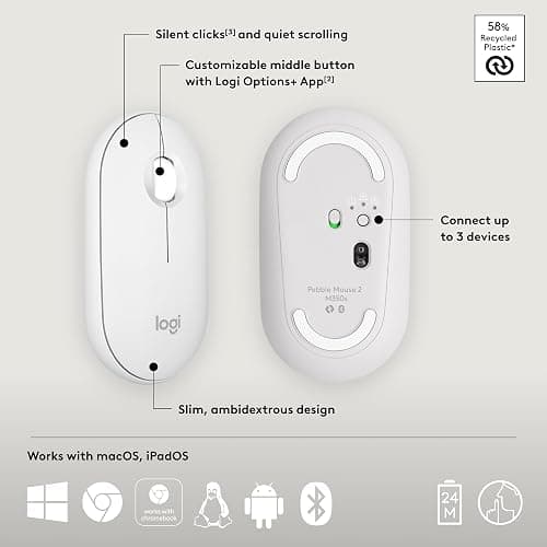 Logitech Pebble Mouse 2 M350s Slim Bluetooth Wireless Mouse, Portable, Lightweight, Customizable Button, Quiet Clicks, Easy-Switch for Windows, macOS, iPadOS, Android, Chrome OS - Tonal White thumbnail 6