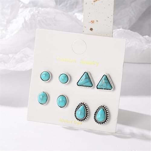 Dreuyet Turquoise Stud Earrings Set for Women Handmade Gemstone Oval Round Flower Cut Shape Square Studs Earrings Boho Turquoise Earrings Trendy Jewelry thumbnail 6