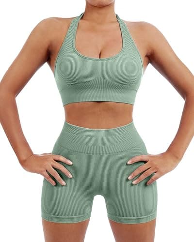 SUUKSESS Women Seamless Ribbed Workout Set Backless Sports Bra Booty Biker Short thumbnail 5