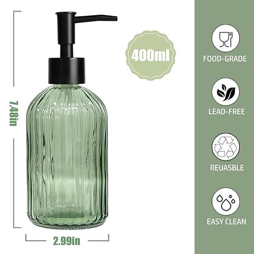14 Oz Black Pump Glass Soap Dispenser, Green Stripe Countertop Refillable Liquid Bottle Hand Dish Lotion Dispenser with Plastic Pump, for Kitchen, Bathroom thumbnail 3