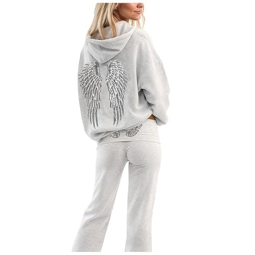 Angel Wings Hoodie Sweatsuit for Women 2 Piece Sparkly Sequin Wing Hoodie and Wide Leg Pants Set Trendy Casual Tracksuits - Image 1