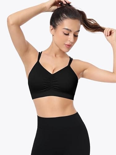 VEQKING Ruched Sports Bras for Women Large Bust, Seamless Padded Strappy Medium Support Yoga Bra, 3 Pack thumbnail 3