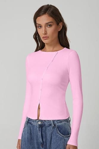 QINSEN Women's Long Sleeve Ribbed Crewneck Shirts Upper Button Fastening Going Out Tops thumbnail 6