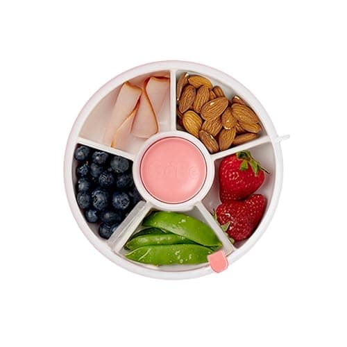 GoBe Kids Small Snack Spinner Flip Bundle with Hand Strap and Sticker Sheet - Reusable Snack Container with 5 Compartment Dispenser and Lid | BPA/PVC Free | Dishwasher Safe | No Spill - Coral Pink - Image 1