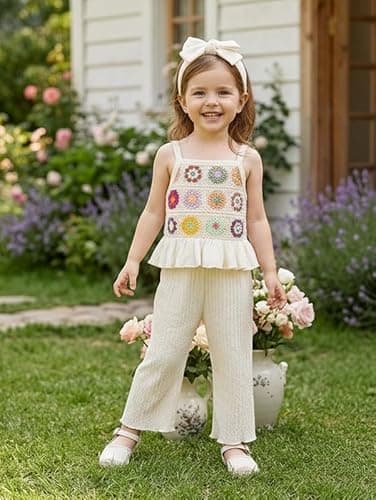 Voonlie Toddler Baby Girl Summer Clothes Outfits Crocheted Ruffle Camisole Pants Kids Clothing Set thumbnail 2