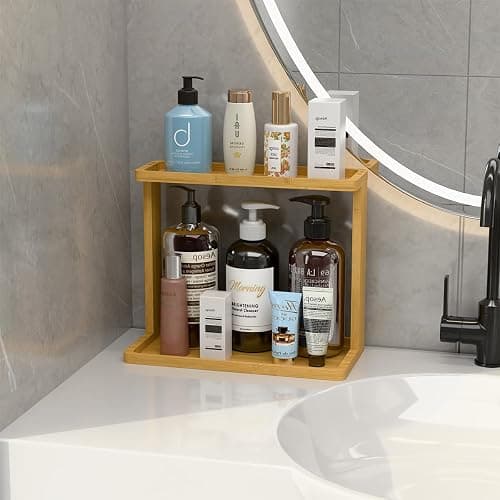 PEKER Bamboo Bathroom Organizer Countertop – Small Vanity Storage Shelf for Makeup, Perfume, Skincare – Natural Cosmetics Display Rack for Dresser, Sink, Kitchen – Natural thumbnail 4
