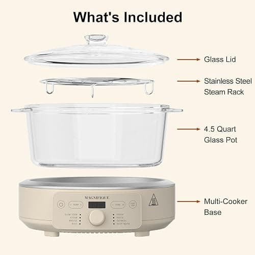 MAGNIFIQUE Slow Cooker, 4.5 Quart 8-in-1 Glass Pot Multi-Cooker, Non-Toxic Slow Cooker with Removable Borosilicate Glass Pot, for Rice, Pasta, Steam & Proof, Oatmeal thumbnail 7