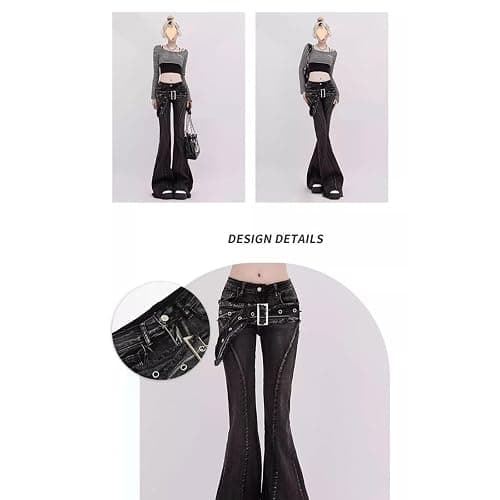 MEOKIM Women's Micro Flared Jeans Punk Y2k Gothic Style Waistband with Frayed Edge Design, Slimming Straight Leg Pants thumbnail 4