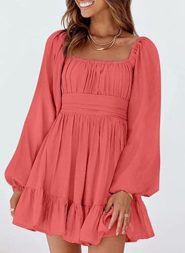 Dokotoo Womens Dress Long Lantern Sleeve Square Neck Tie Backless Sexy Dress Ruffle Elastic Waist A-Line Mini Dress thumbnail 3