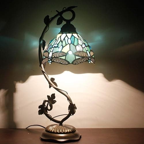 WERFACTORY Tiffany Lamp Sea Blue Stained Glass Dragonfly Style Desk Reading Light, Metal Leaf Table Lamp Base 8X10X21 Inches Decor Small Space Bedside Bedroom Home Office S147 Series thumbnail 9