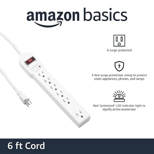 Amazon Basics Surge Protector Power Strip, 6-Outlet, 790 Joules, Circuit Breaker, LED Indicator, 6ft Extension Cord, White thumbnail 2