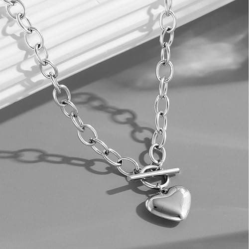 Avanlin Heart Toggle Necklace Silver Plated Chain Choker Charm Pendant Stainless Steel Necklaces for Women thumbnail 5