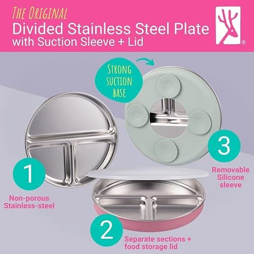 Elk and Friends Kids Stainless Steel Divided Plates with Silicone Suction Sleeves | Lids Included | Suitable for Babies/Toddlers | Dishwasher Safe | Stay Put Dinnerware | Snack Dishes | 2 Pack thumbnail 4