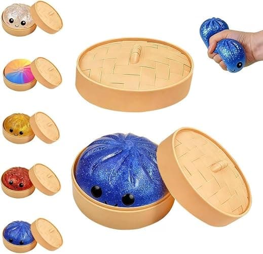 Dumpling Squishy Mystery Box, Slow Rising Glitter Squishy Dumpling Toy, Anxiety Relief Fidget, Stocking Stuffers with Food Steamer Stretchy Desk Toys (Glitter Blue) - Image 1