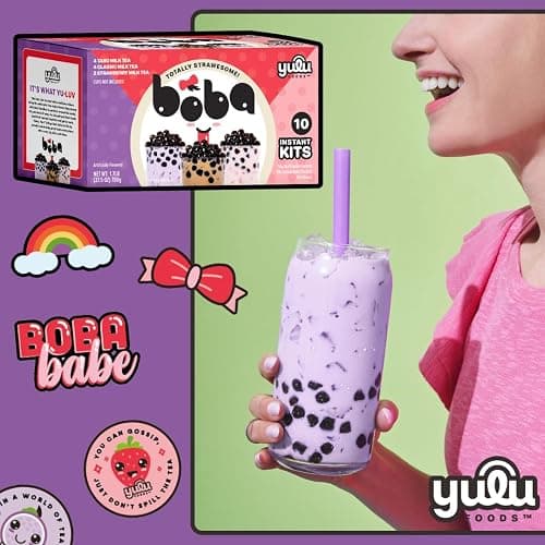 Boba Bundle Kit 10 Serv. Instant Bubble Pearl Variety Milk Tea Kit with Authentic Brown Sugar Tapioca Pearls by Yulu Foods - Ready in Under 1 Minute, Includes Paper Straws - Gift Box, Holiday (Classic, Taro and Strawberry) thumbnail 8