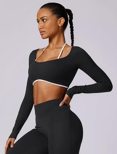 ABOCIW Long Sleeve Workout Tops for Women with Built in Bra Halter Open Back Croped Gym Top Yoga Athletic Shirts thumbnail 6