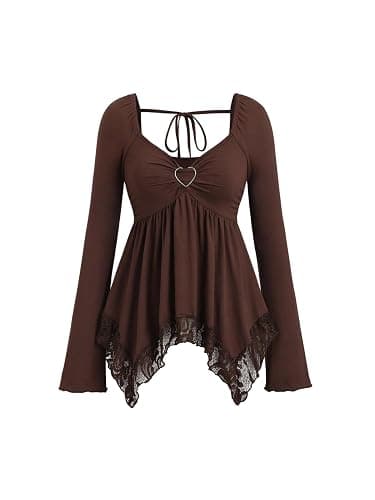 SOLY HUX Women's Long Sleeve Peplum Tops Babydoll Lace Sweetheart Neck Ruffle Asymmetrical Tee Fall Going Out T Shirt - Image 1
