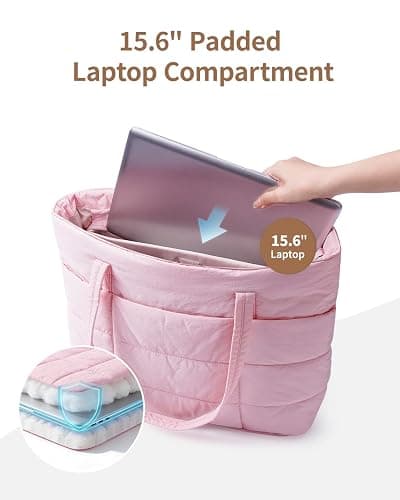 Narwey Nylon Puffer Tote Bag for Women, Quilted Travel Gym Nurse Work Bag | Aesthetic, Trendy, Puffy, Lightweight, 15.6 Laptop Sleeve, 40oz Tumble holder, Gifts, Shoulder Bag for Teacher, College thumbnail 6