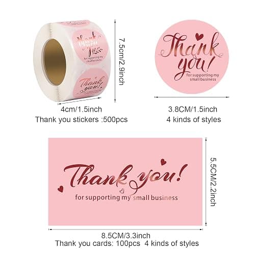 Outus 600 Pieces Thank You for Supporting My Small Business Cards and Stickers Set - Pink Gold Foil Thank You Cards for Retail Store Package Insert Envelope Seals Business Owner Sellers thumbnail 3