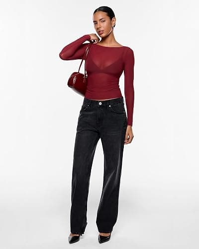 INLYRIC Women's Cosnufy Mesh Sheer Long Sleeve Tops See Through Boat Neck Going Out Tops Trendy Sexy Shirts thumbnail 2