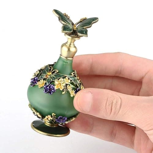 Rayberro Green Butterfly Vintage Perfume Bottle, Crystal Rhinestone Inlayed Decorative Perfume Bottles, 25ML Empty Refillable Essential Oils Dropper Bottle, Glass Perfume Bottles for Women Girl Gift thumbnail 4