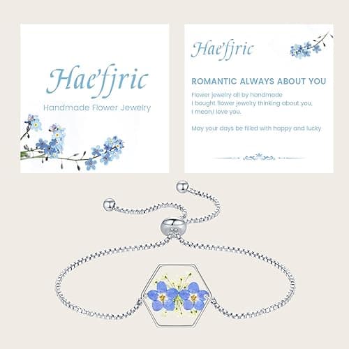 Forget-Me-Not and Queen Anne's Lace Pressed Wildflower Bracelet,Gold Pressed Wildflowers Resin Bracelet,Personalized Handmade Bracelet thumbnail 4