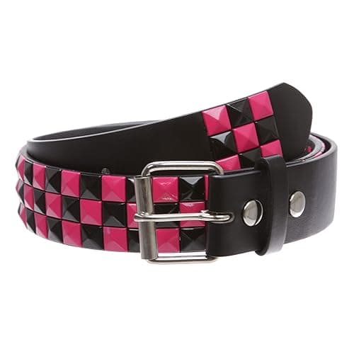 Snap On 1 1/2" Fuchsia & Black Checkerboard Punk Rock Studded Belt - M 33"-35" - Black/Fuchsia