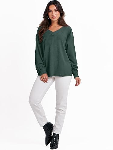 ANRABESS Oversized Long Sleeve Shirts for Women Off the Shoulder Sweatshirt Loose V Neck Tunic Tops High Low Sweater 2025 thumbnail 8