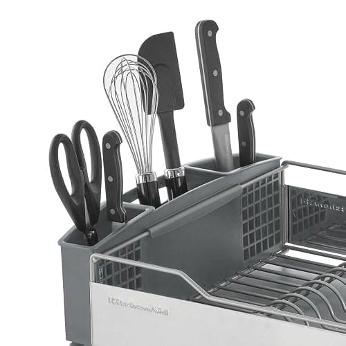 KitchenAid Large Capacity Full Size Rust Resistant Dish Rack with Angled Drain Board and Removable Flatware Caddy, Light Grey thumbnail 7