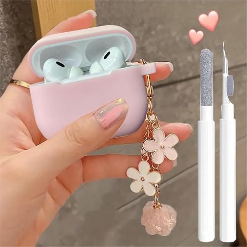 Cute Case for Airpods Pro 2nd/1st Generation Case, Soft Silicone Women iPod Pro 2/1 Gen Protective Cover 2019/2023/2022 with Pom Pom Flower Keychain&Cleaner Kit, Pink - Image 1
