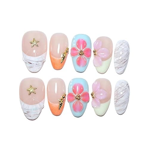 EasierGlow 10Pcs Handmade Short Almond Press On Nails | Easy Apply & Remove, Reusable & Salon Quality | Tropical Ocean Style with 3D Plumeria Flower, Starfish & Shell Accents(1TA15, S) - Image 1