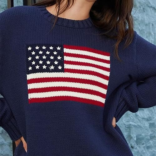 Women American Flag Sweater Long Sleeve Crew Neck Loose Fit Knit Pullover Tops USA Casual Loose Pullover Sweater thumbnail 7