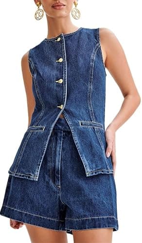 colarat Women's Denim 2 Piece Set Casual Business Sleeveless Jean Blazer Vest Tops and Shorts Outfit Tracksuits - Image 1