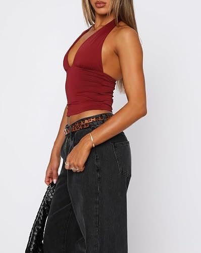 ForeFair Women Sexy Halter Deep V Neck Backless Crop Tank Top Open Back Sleeveless Slim Fit Y2k Summer Tops thumbnail 2
