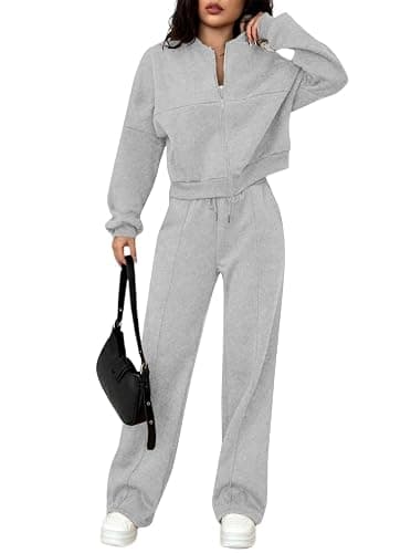 LovelyWholesale Women Sweatsuits 2 Piece Set Zip Up Sweatshirt and Wild Leg Sweatpants Set thumbnail 4