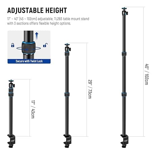 NEEWER Camera Table Mount with Ball Head, 17-40 Inch Adjustable Table Light Tripod with 1/4 Inch Screw and C Clamp for DSLR Camera, Ring Light, Live Stream, Vlog, Maxi Load: 3 kg, TL283 (Blue) - TL283/Blue thumbnail 2