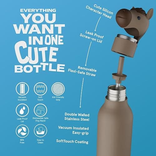 asobu Bestie Bottle Insulated Stainless Steel Water Bottle with Detachable Soft Animal Head Fun Drinking For Kids and Teens with Flexible Reusable Straw 16 Ounce (Horse) thumbnail 3