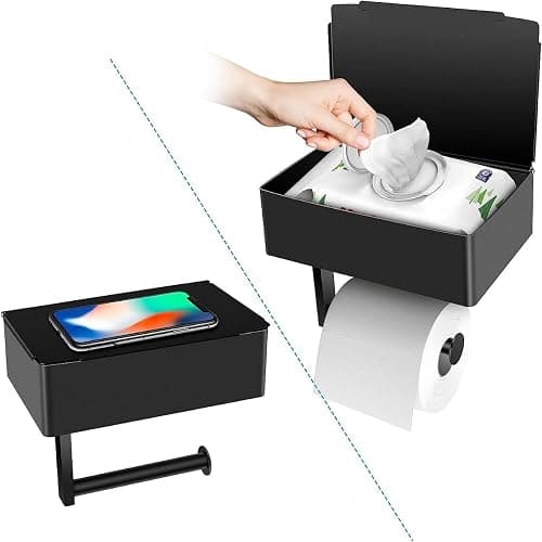 BOSOEI Toilet Paper Holder with Storage, Shelf of Bathroom Toilet Tissue Holder, Toilet Paper Roll Holder, Black Stainless Steel Wall Mount, No Installation & Flushable Wet Wipes Storage - Image 1
