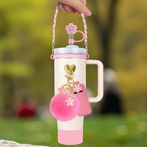 Velaco 11 PCS Accessories for Stanley Cup, Water Bottle Handle Strap for Stanley 30/40 oz tumbler with handle, including Straw Toppers, Silicone Cup Boot, Keychain Charms - PINK thumbnail 2