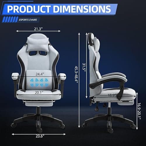 Fabric Massage Gaming Chair, Ergonomic Computer Chair, Video Game Chair, Massage Office Chair, Desk Swivel Chair, Adjustable, Reclining, Footrest, Massage Cushion, Fabric Material, Grey, New thumbnail 2