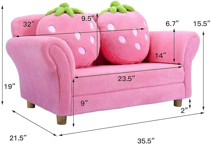 Fireflowery Kids Sofa, Children Upholstered Loveseat Lounge Bed w/ 2 Cute Strawberry Pillows, Children Couch Armrest, Double Seat Kid Sofa for Playroom Bedroom Living Room Baby Room, Pink thumbnail 3