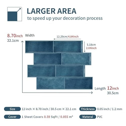 ViibXfans Agadir Blue Tile Peel and Stick,12 x 8.7 in,12 Sheets | 3D tiles Decals,1mm Thick,PE+PU,Waterproof&Durable Back Splash,Renter Friendly Backsplashes for Kitchen, Bathroom thumbnail 2