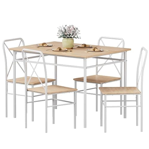 VECELO Dining Table Set for 4, 5-Piece Wood Kitchen Table with Chairs for Small Space, Breakfast Nook, Space-Saving, Natural White thumbnail 8