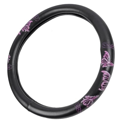 BDK Design Comfort Grip Steering Wheel Cover for Car SUV Van and Truck, 15 inch Standard Size, Pink Butterflies - Image 1